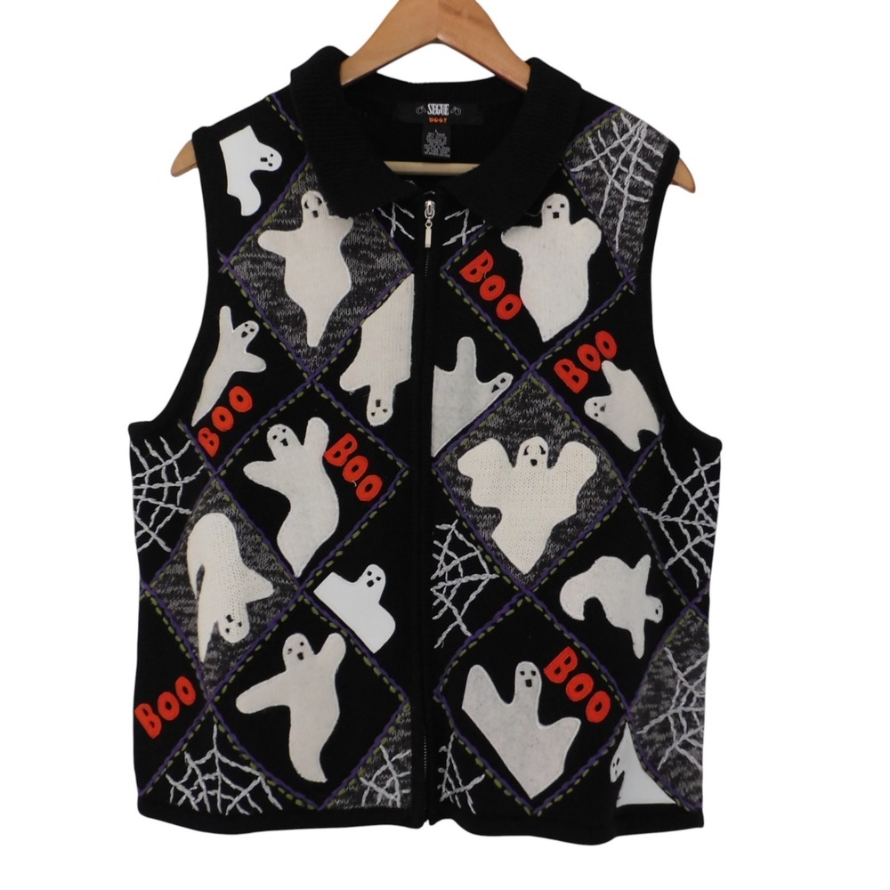 Vtg Segue Halloween Ghost Sweater Vest Full Zip  Boo! Cobwebs Black Silver Metal
